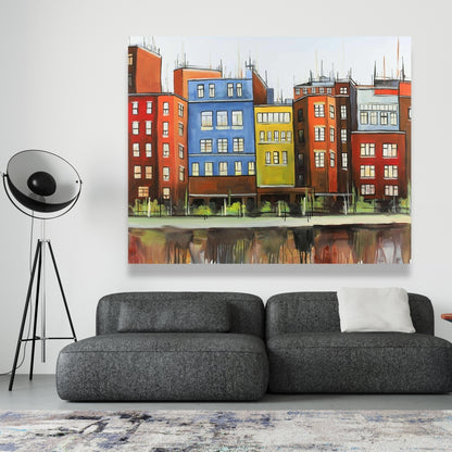 Boston Colorful Buildings Canvas - Blue Bedroom Wall Art Decor