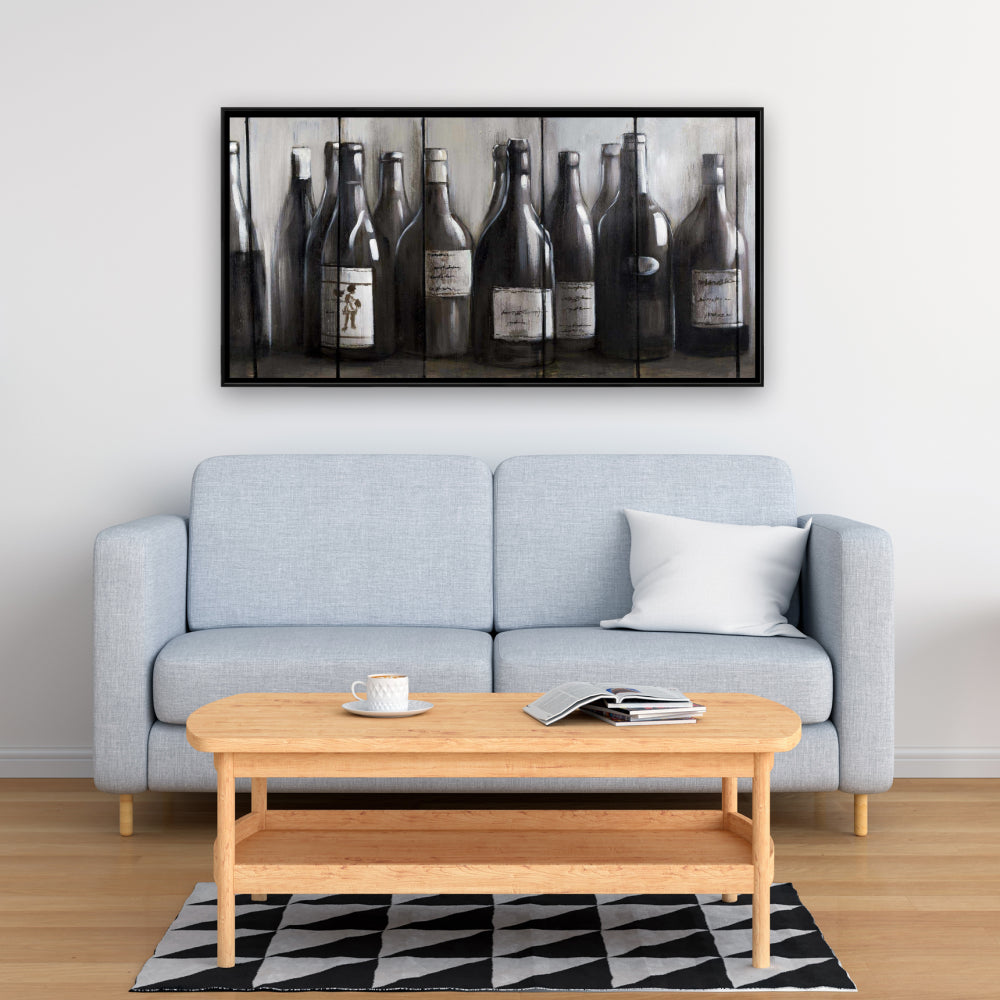 Toile de cuisine marron moderne - Décor bouteilles de vin sur bois