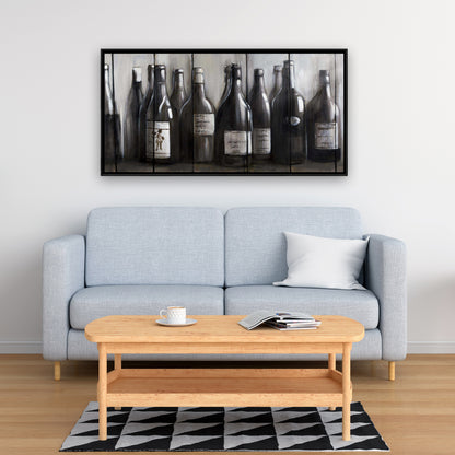 Toile de cuisine marron moderne - Décor bouteilles de vin sur bois