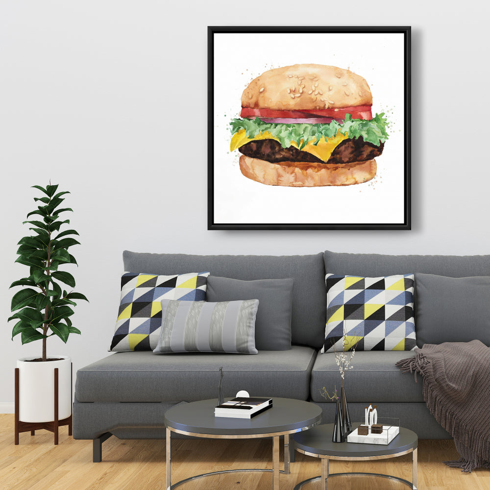 Brown Kitchen Canvas | Watercolor Cheeseburger Framed Decor
