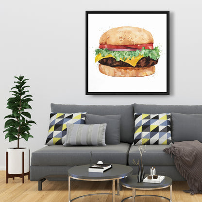 Brown Kitchen Canvas | Watercolor Cheeseburger Framed Decor