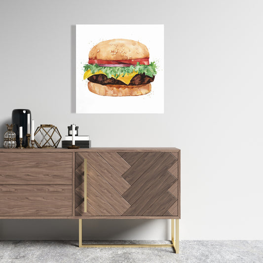 Watercolor Cheeseburger Canvas - Brown Food Kitchen Decor