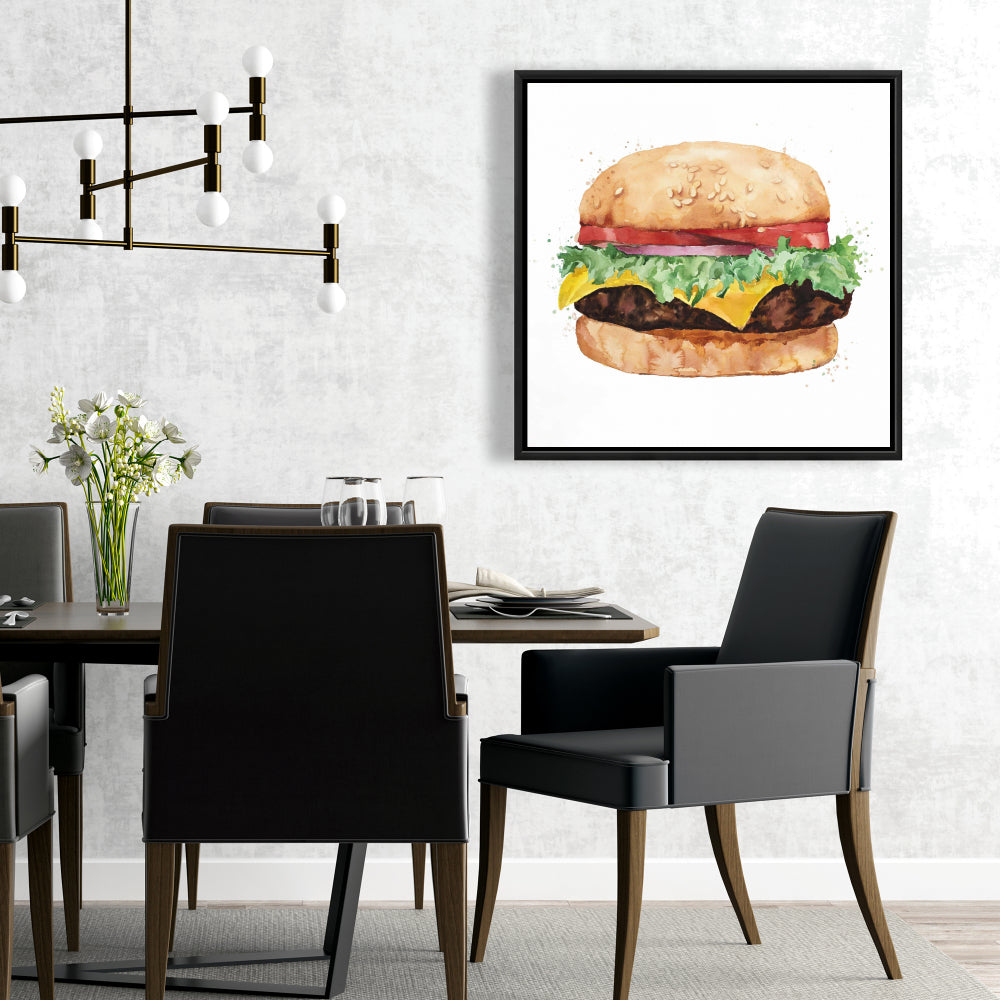 Brown Kitchen Canvas | Watercolor Cheeseburger Framed Decor