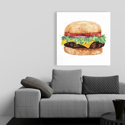 Watercolor Cheeseburger Canvas - Brown Food Kitchen Decor