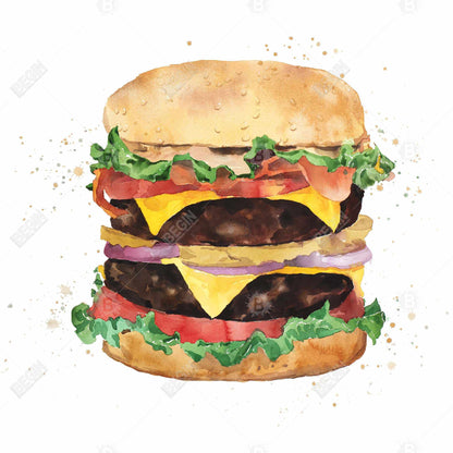 Watercolor Cheeseburger Canvas | Kitchen Decor Brown Frame