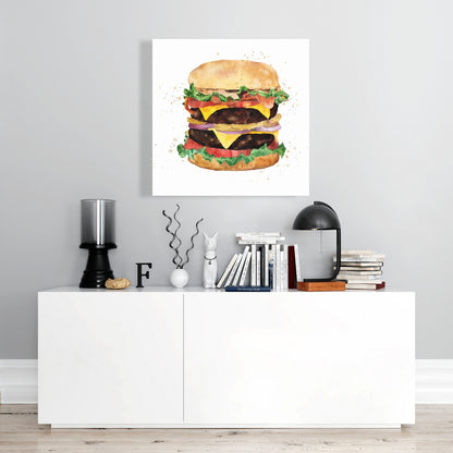 Watercolor Cheeseburger Canvas - Brown Food Art for Home Decor