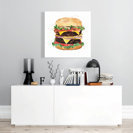 Watercolor Cheeseburger Canvas - Brown Food Art for Home Decor