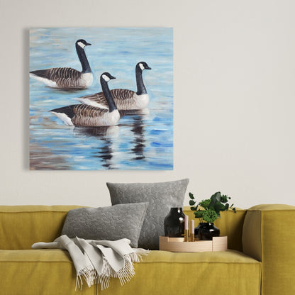 Canada Geese in Water - Blue Canvas Art for Home Decor