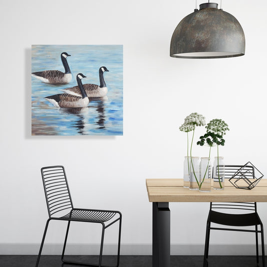 Canada Geese in Water - Blue Canvas Art for Home Decor