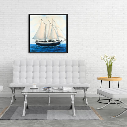 Coastal Boat Blue Framed Canvas - Sailingboat by a Sunny Day