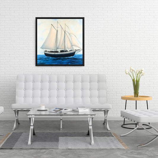 Coastal Boat Blue Framed Canvas - Sailingboat by a Sunny Day