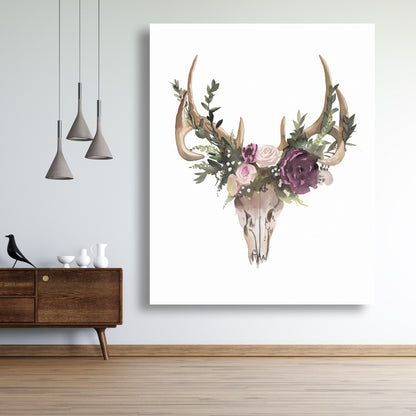 Rustic Deer Skull with Flowers Canvas - Animal Bedroom Decor