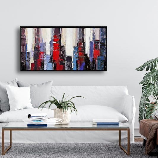 Toile encadrée – Bâtiments abstraits rouges et bleus pour la décoration intérieure