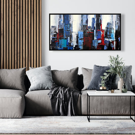 Abstract Blue City Framed Canvas | Bedroom Wall Art Decor