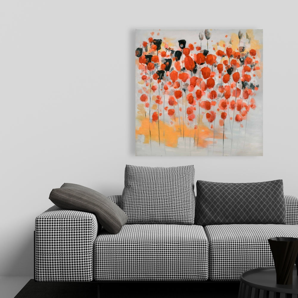 Gray Abstract Canvas - Red Dotted Flowers Field Home Decor