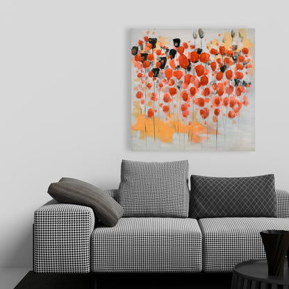 Gray Abstract Canvas - Red Dotted Flowers Field Home Decor