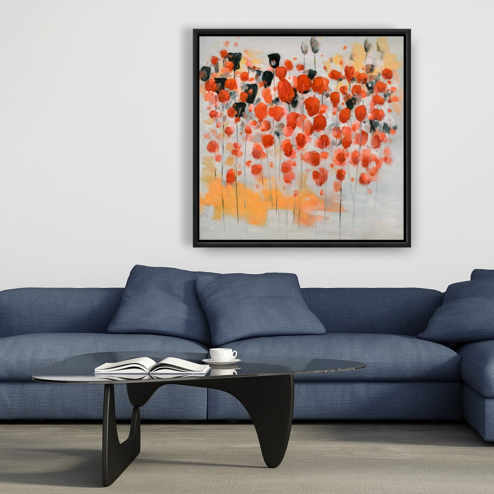 Abstract Red Dotted Flowers Field - Contemporary Framed Canvas