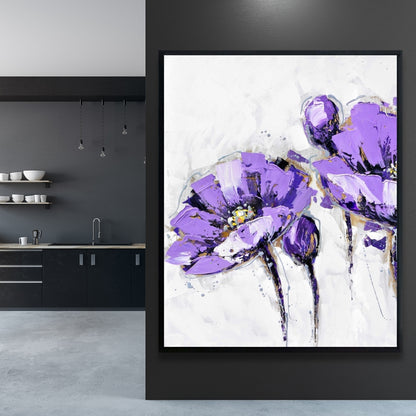 Purple Abstract Flowers Canvas | Botanical Gray Bedroom Decor