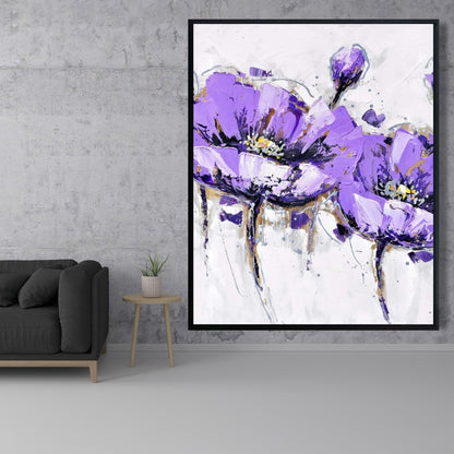 Gray Floral Framed Canvas - Purple Anemone Flowers Decor