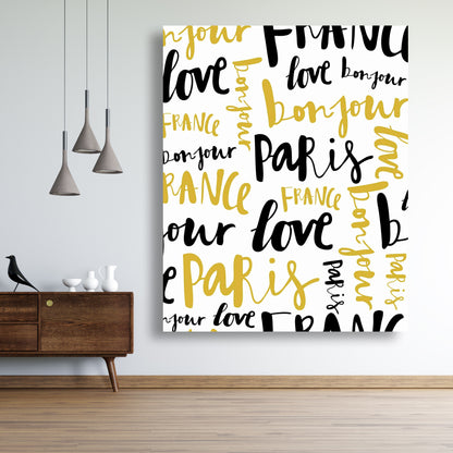 Bonjour Paris Canvas - Yellow Typography Wall Art for Bedroom