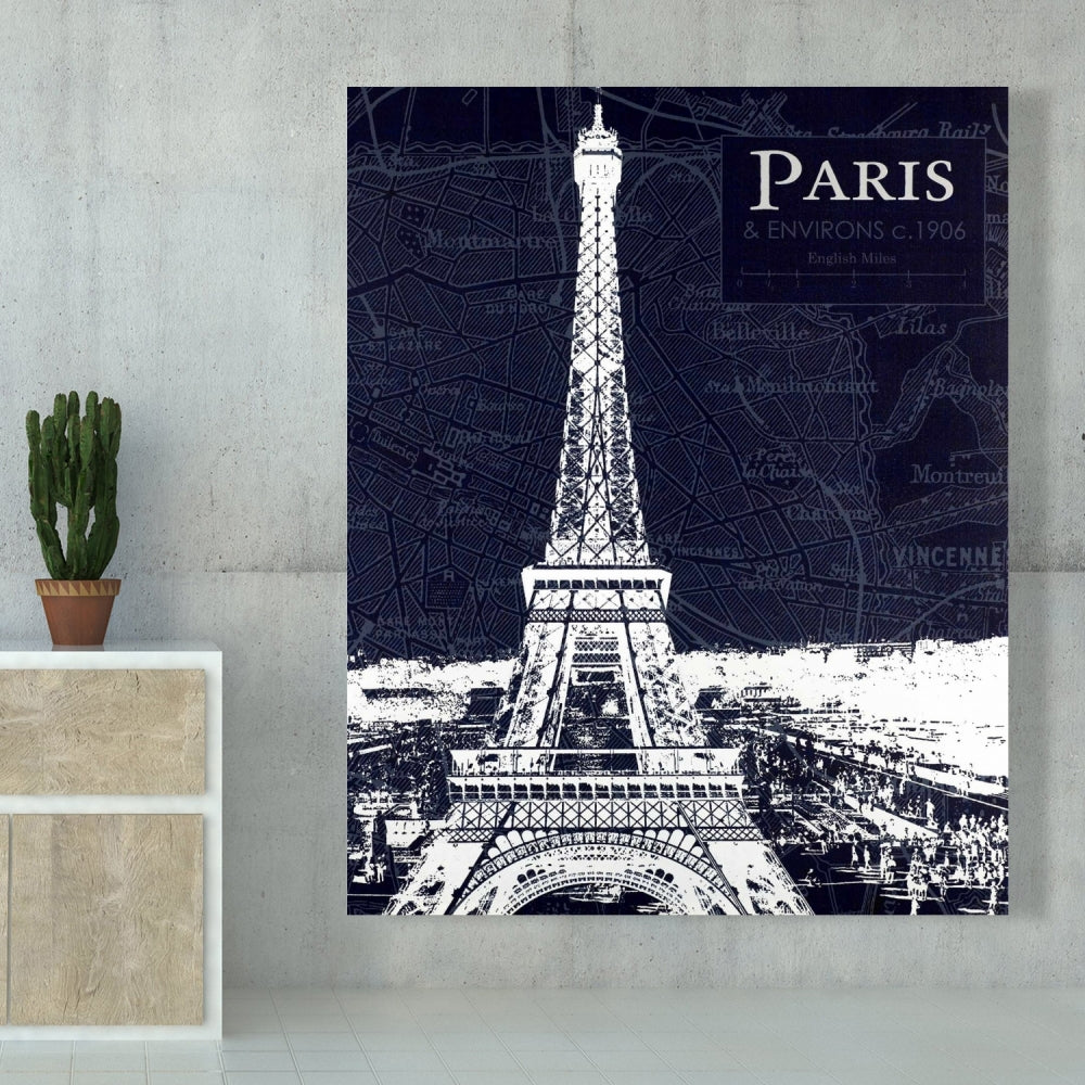 Paris Blueprint & Eiffel Tower Canvas - Blue Bedroom Decor