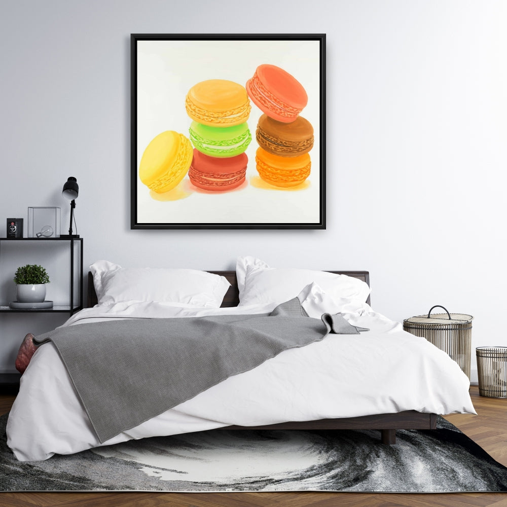 Toile « Délicieux macarons » | Décoration murale avec cadre jaune