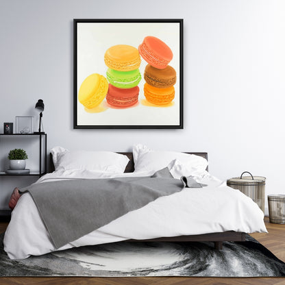 Toile « Délicieux macarons » | Décoration murale avec cadre jaune