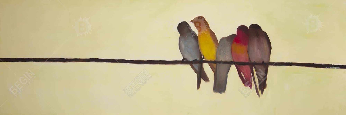 Five Birds on a Branch Canvas - Brown Contemporary Decor