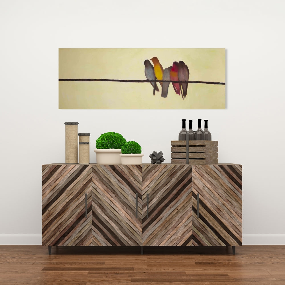 Five Birds on a Branch Canvas - Brown Contemporary Decor