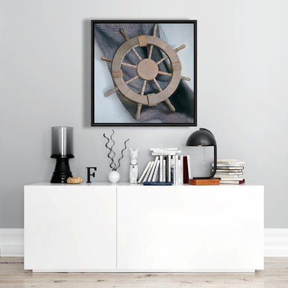Toile « Gouvernail sur filet de pêche » | Cadre de bateau blanc, décoration d'intérieur