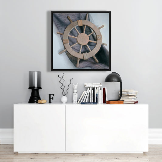 Toile « Gouvernail sur filet de pêche » | Cadre de bateau blanc, décoration d'intérieur