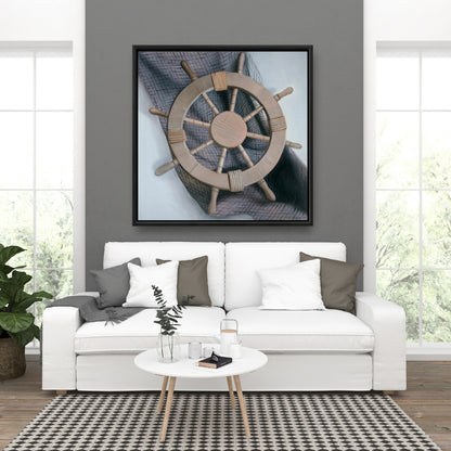 Toile « Gouvernail sur filet de pêche » | Cadre de bateau blanc, décoration d'intérieur