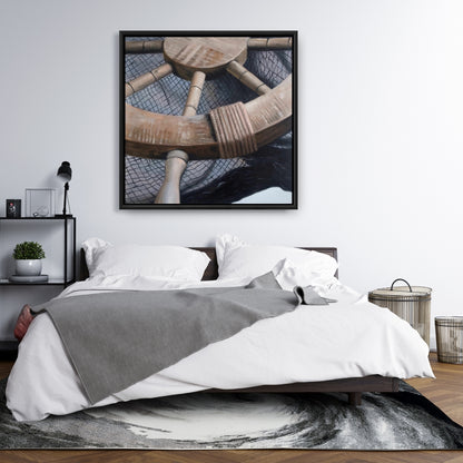 Toile « Gouvernail sur filet de pêche » | Décoration marine pour la maison, bateau marron