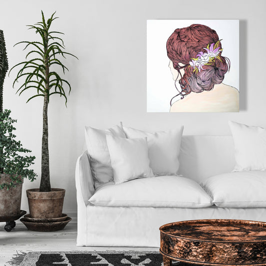 White Romantic Flowers Canvas | Woman from Behind | Home Decor