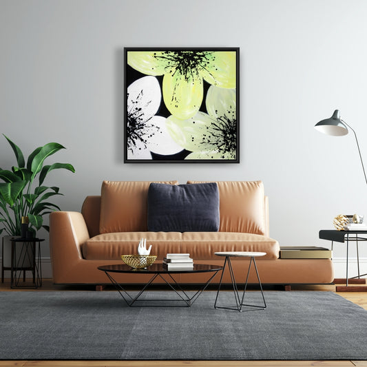 Pétales blancs et jaunes | Toile encadrée florale pour décoration intérieure