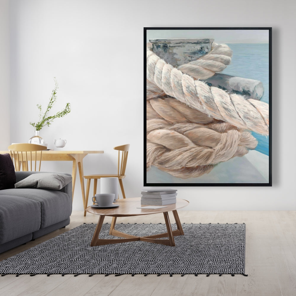 Toile de bateau côtier – Gros plan sur les cordes d'arrimage | Cadre blanc décoratif