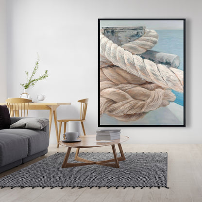Toile de bateau côtier – Gros plan sur les cordes d'arrimage | Cadre blanc décoratif