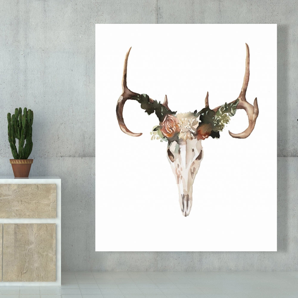 Rustic Deer Skull Canvas with Roses - Bedroom Wall Decor