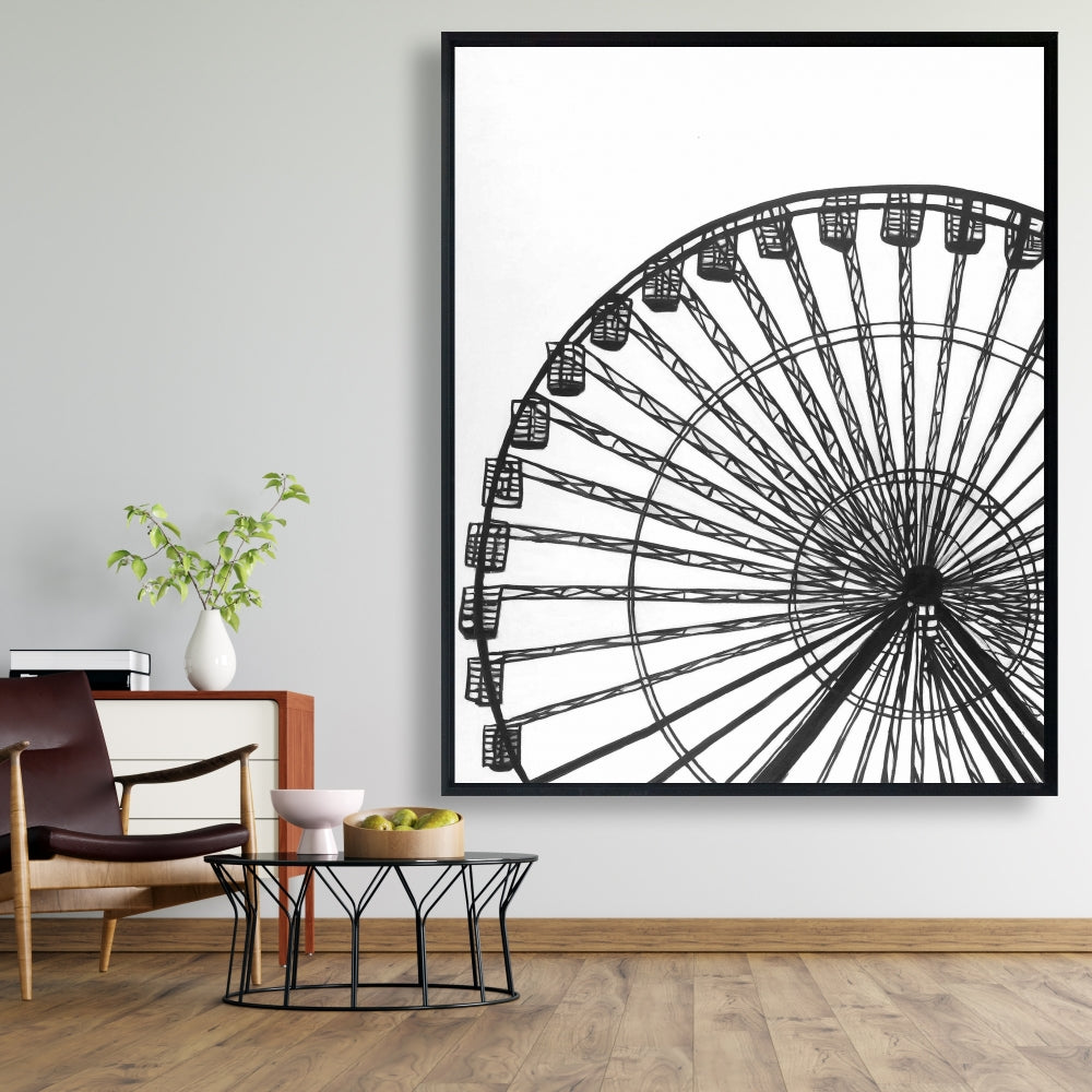 Monochrome Ferris Wheel White Framed Canvas | Home Decor