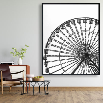 Monochrome Ferris Wheel White Framed Canvas | Home Decor