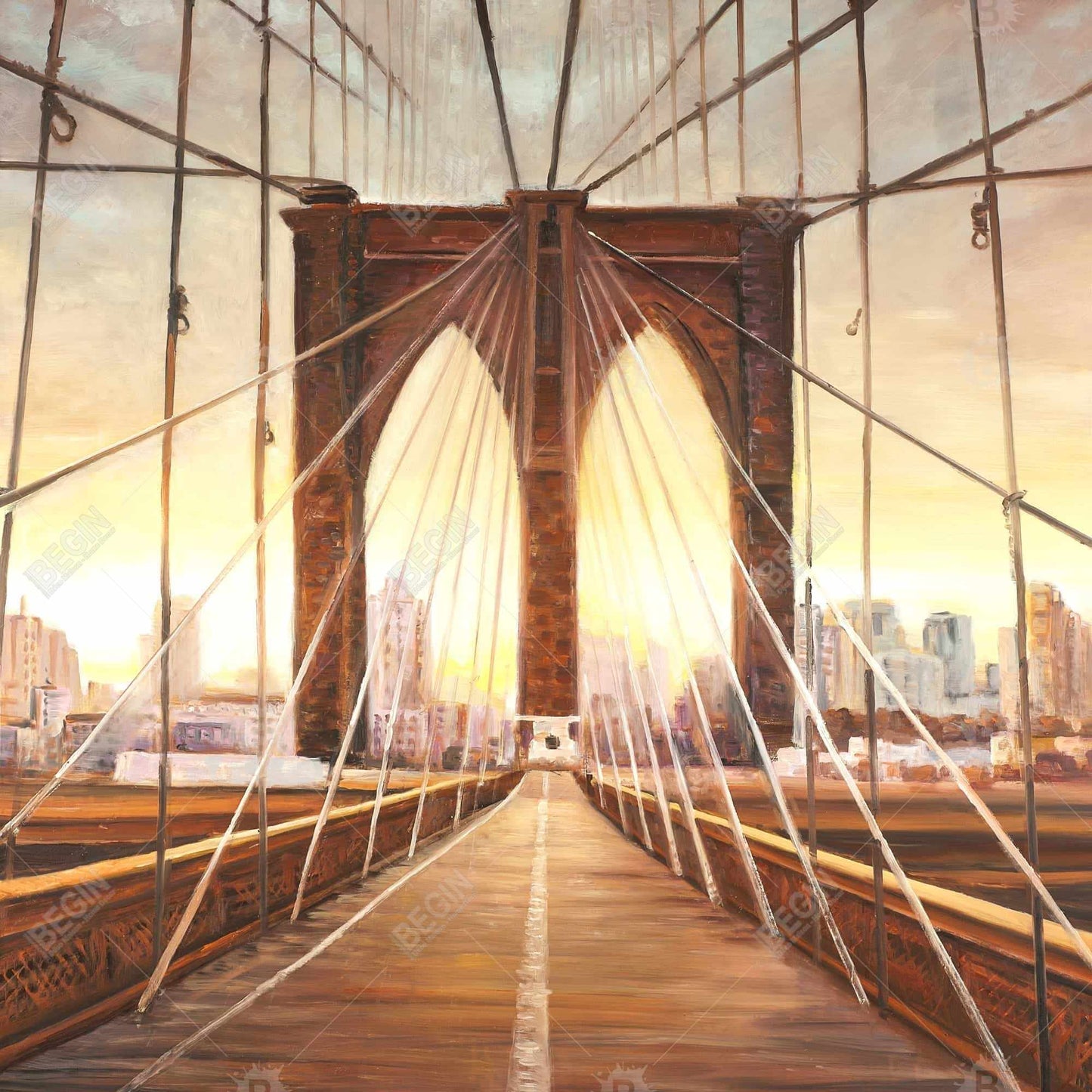 Sunset on Brooklyn Bridge Canvas - Bedroom Decor, Brown Art