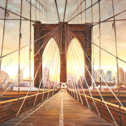 Sunset on Brooklyn Bridge Canvas - Bedroom Decor, Brown Art