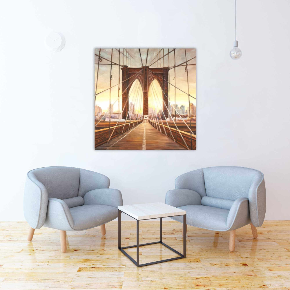 Sunset on Brooklyn Bridge Canvas - Bedroom Decor, Brown Art