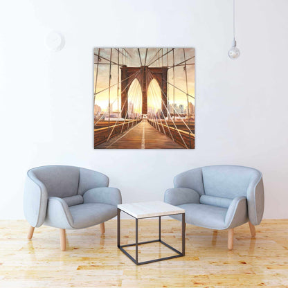 Sunset on Brooklyn Bridge Canvas - Bedroom Decor, Brown Art