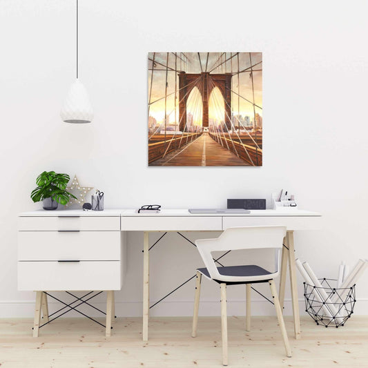 Sunset on Brooklyn Bridge Canvas - Bedroom Decor, Brown Art