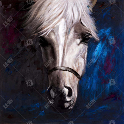 White Horse on Blue Canvas | Contemporary Animal Home Decor