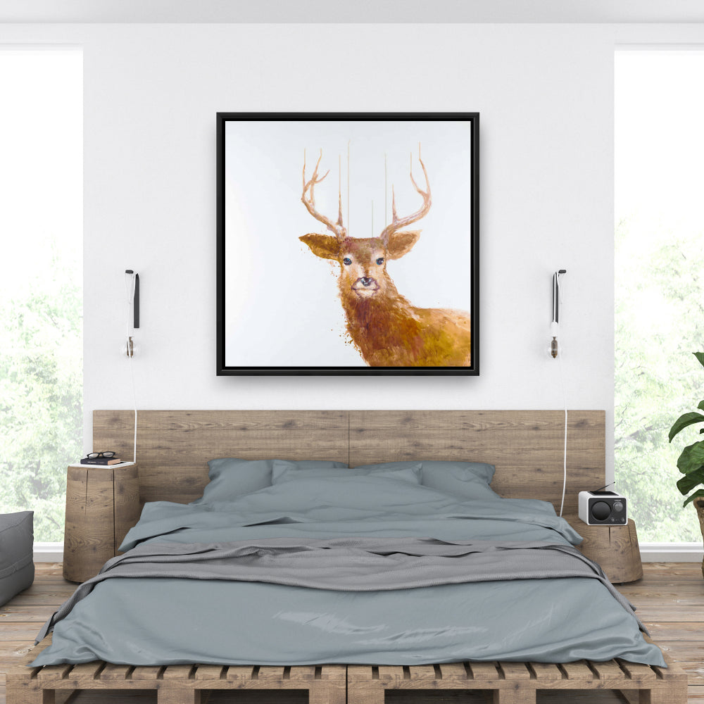 Toile abstraite représentant un cerf – Art contemporain encadré représentant des animaux bruns