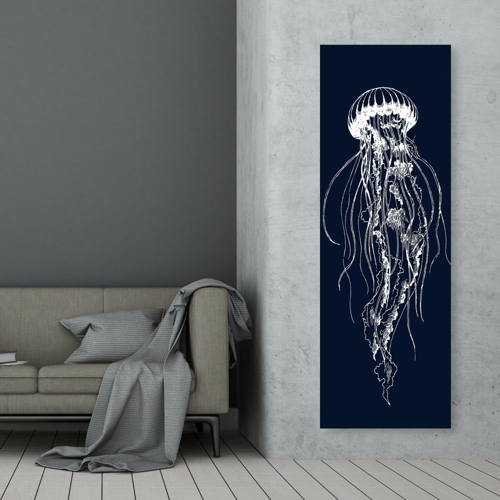 Illustration de méduse blanche | Décoration d'intérieur sur toile bleu marine