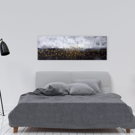 Gold Paint Splash on Gray Canvas | Abstract Bedroom Decor