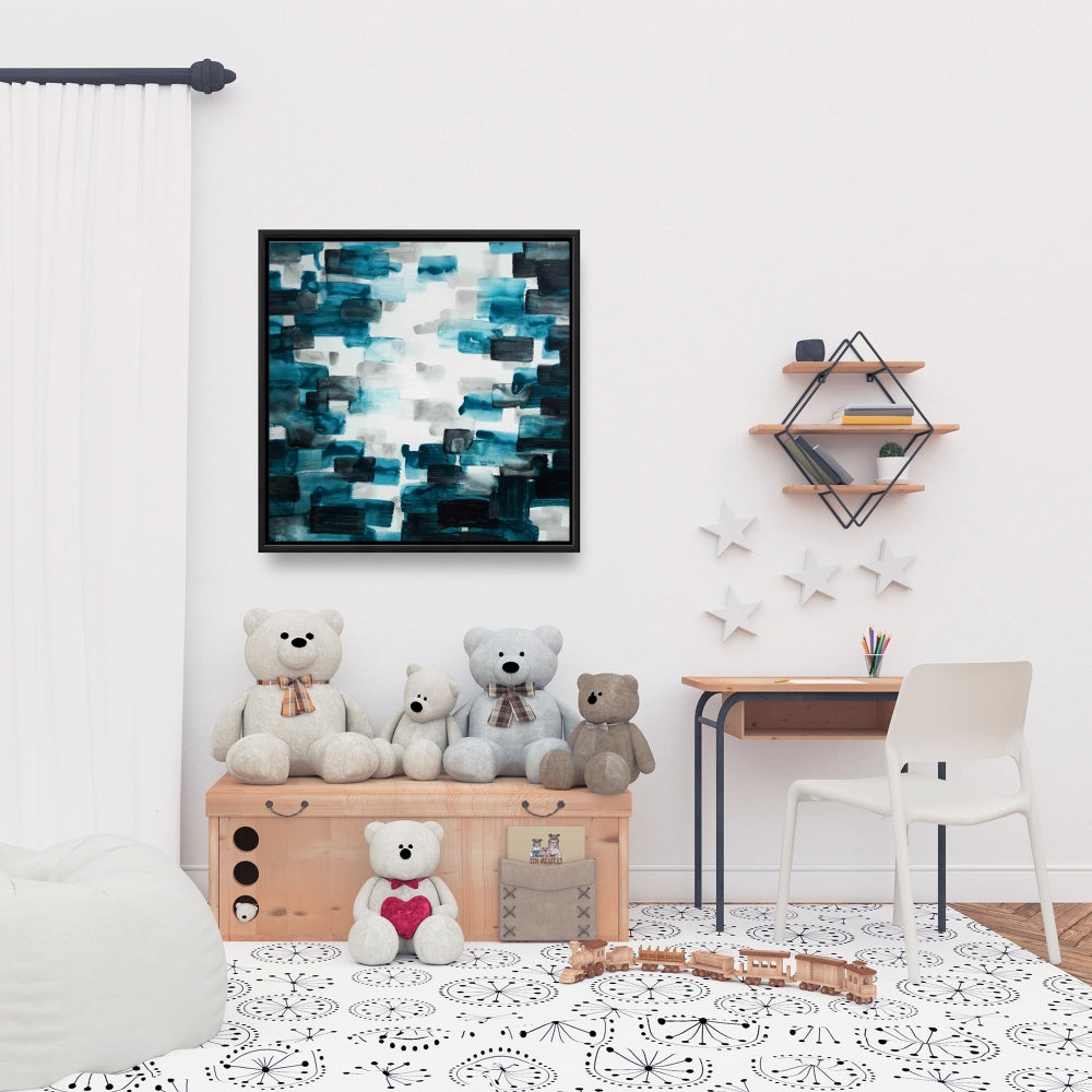 Pattern Blue Framed Canvas | Turquoise and Gray Squares Decor